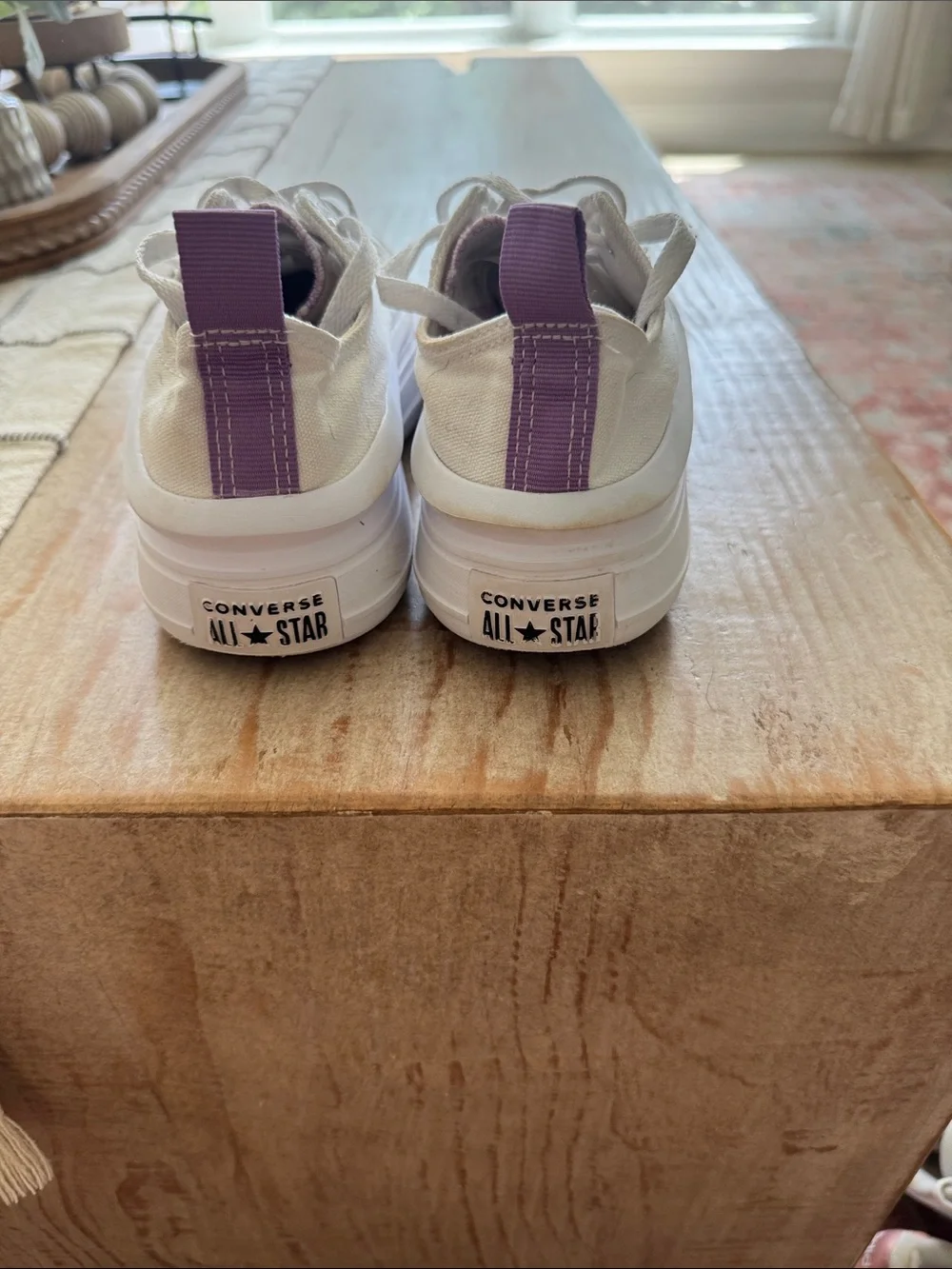 Converse Low-Top Platform Sneakers — White with Purple Pull Tab